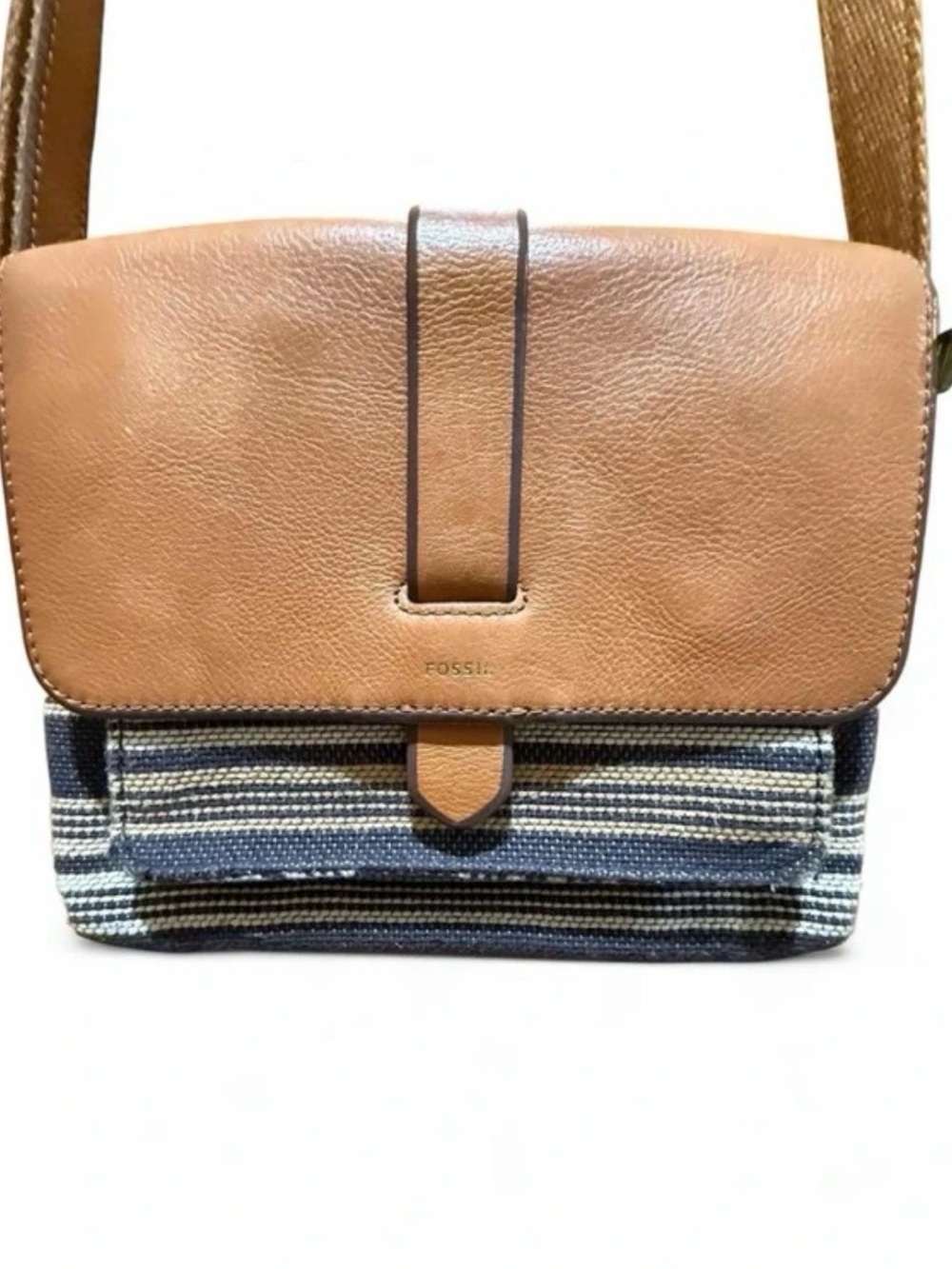 Fossil Tan Leather with Navy & Cream Striped Crossbody